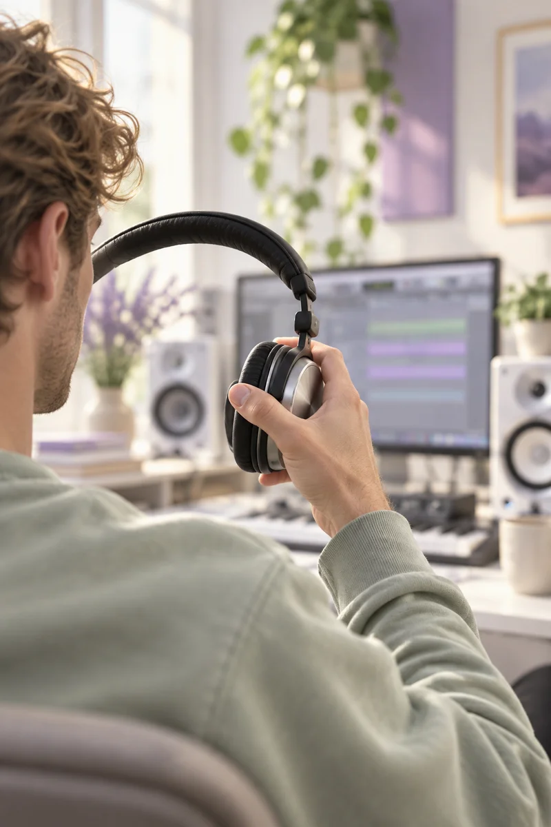 Rear view of a musician lifting headphones in a bright daylight studio
