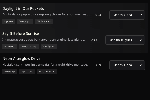 Public Pop example titles, real durations, and reuse actions, cropped without their cover artwork