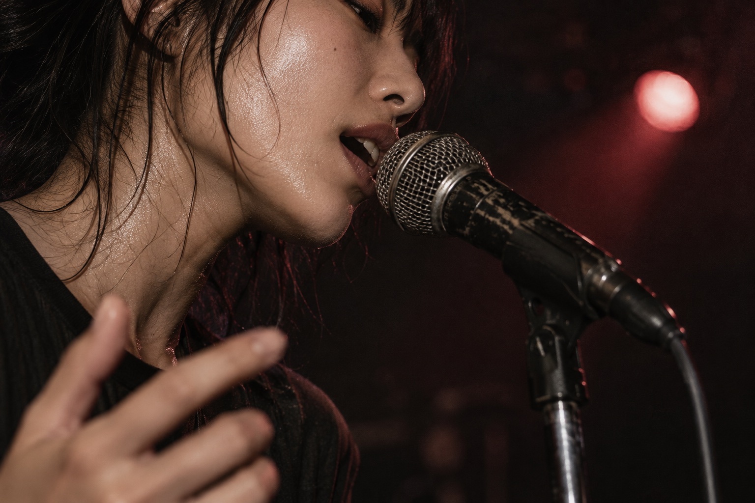 Cantante junto a un micrófono
