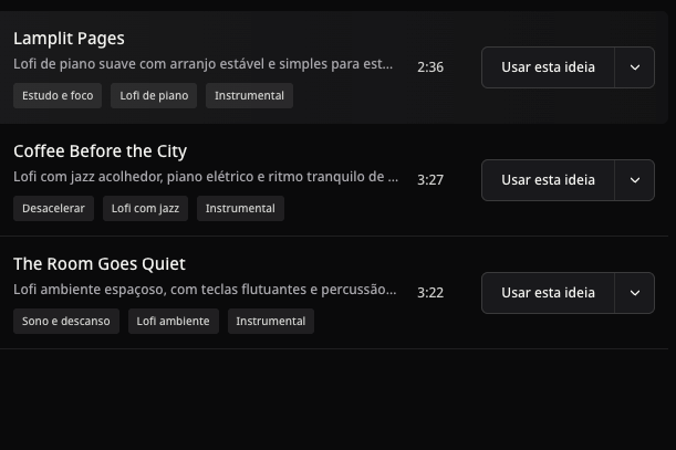 Exemplos públicos de lofi com títulos, durações reais e ações de reutilização, sem capas