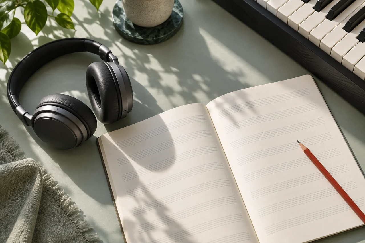 Headphones, notebook and piano keys in daylight