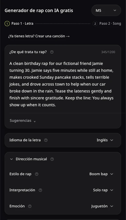 Formulario de escritura de rap de AISongsMaker con el cumpleaños ficticio de Jamie, letra en inglés y tono juguetón