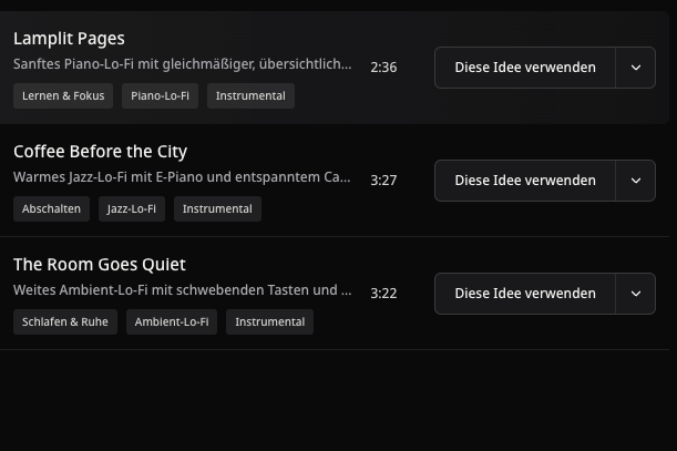Öffentliche Lo-Fi-Beispiele mit echten Laufzeiten und Übernahmeaktionen, ohne Cover