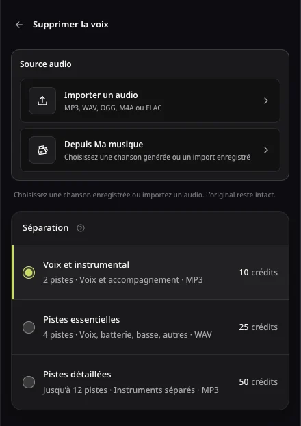 Options de source pour la séparation AISongsMaker avant de choisir un morceau ou un import