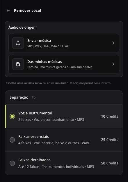 Opções de fonte da separação no AISongsMaker antes de escolher música ou arquivo