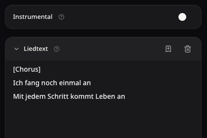 Echter ausgeklappter Liedtextbereich unter dem separaten Instrumental-Schalter