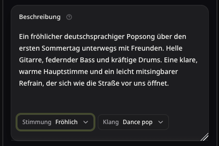 Echtes Pop-Formular mit sommerlicher Beschreibung sowie den kompakten Feldern Stimmung und Klang