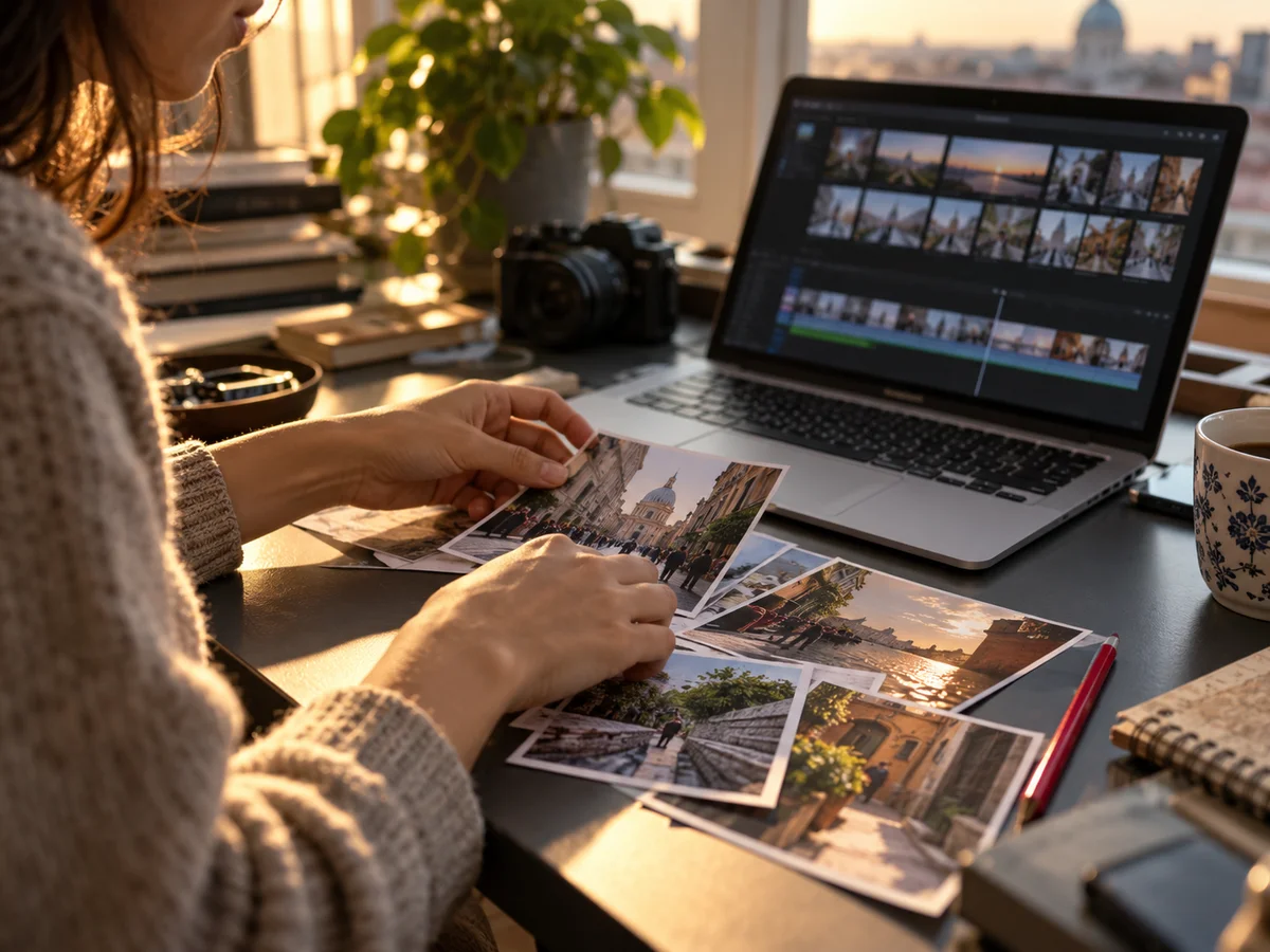 An independent creator arranging everyday video footage and handwritten story notes at a desk