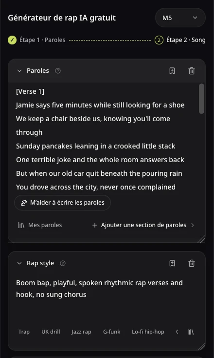 Formulaire de morceau rap AISongsMaker avec les paroles originales de Jamie et la direction Boom bap, ludique et rap parlé