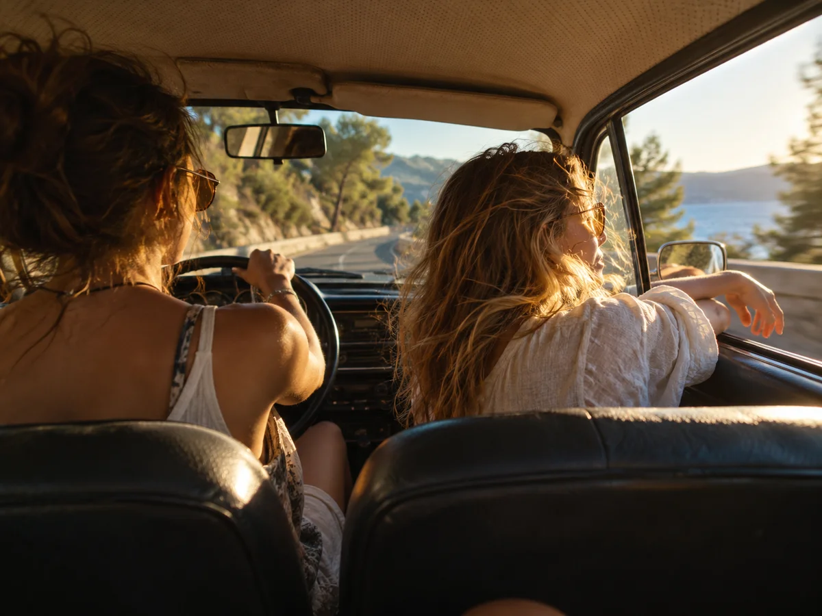 Friends sharing a sunlit road-trip moment, photographed with warm movement and film texture