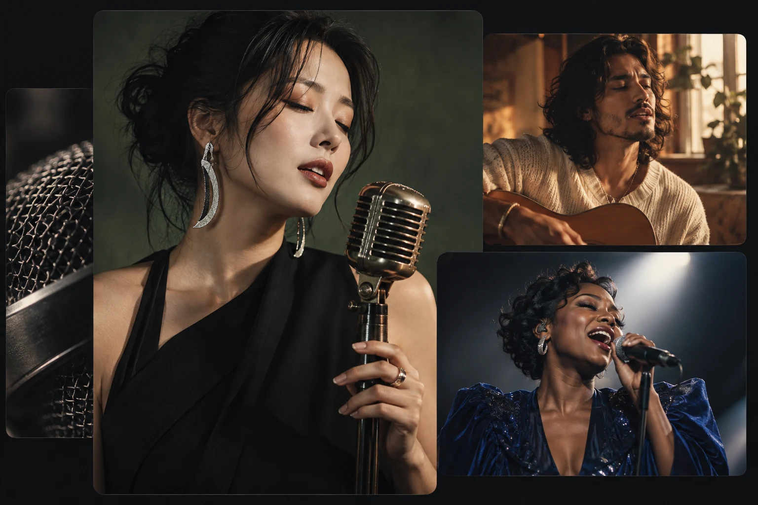 Three distinct vocal performances in intimate, acoustic and stage settings