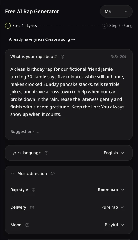 AISongsMaker Rap writing form with the fictional Jamie birthday brief, English lyrics, and a playful direction