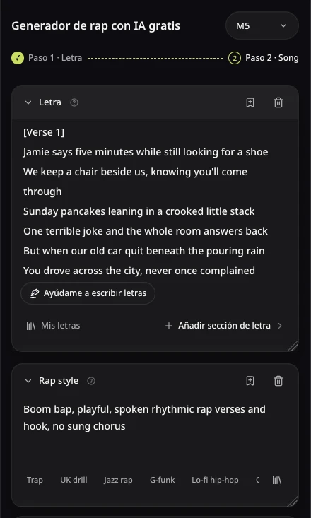 Formulario de canción de rap de AISongsMaker con la letra original de Jamie y dirección Boom bap, juguetona y de rap hablado