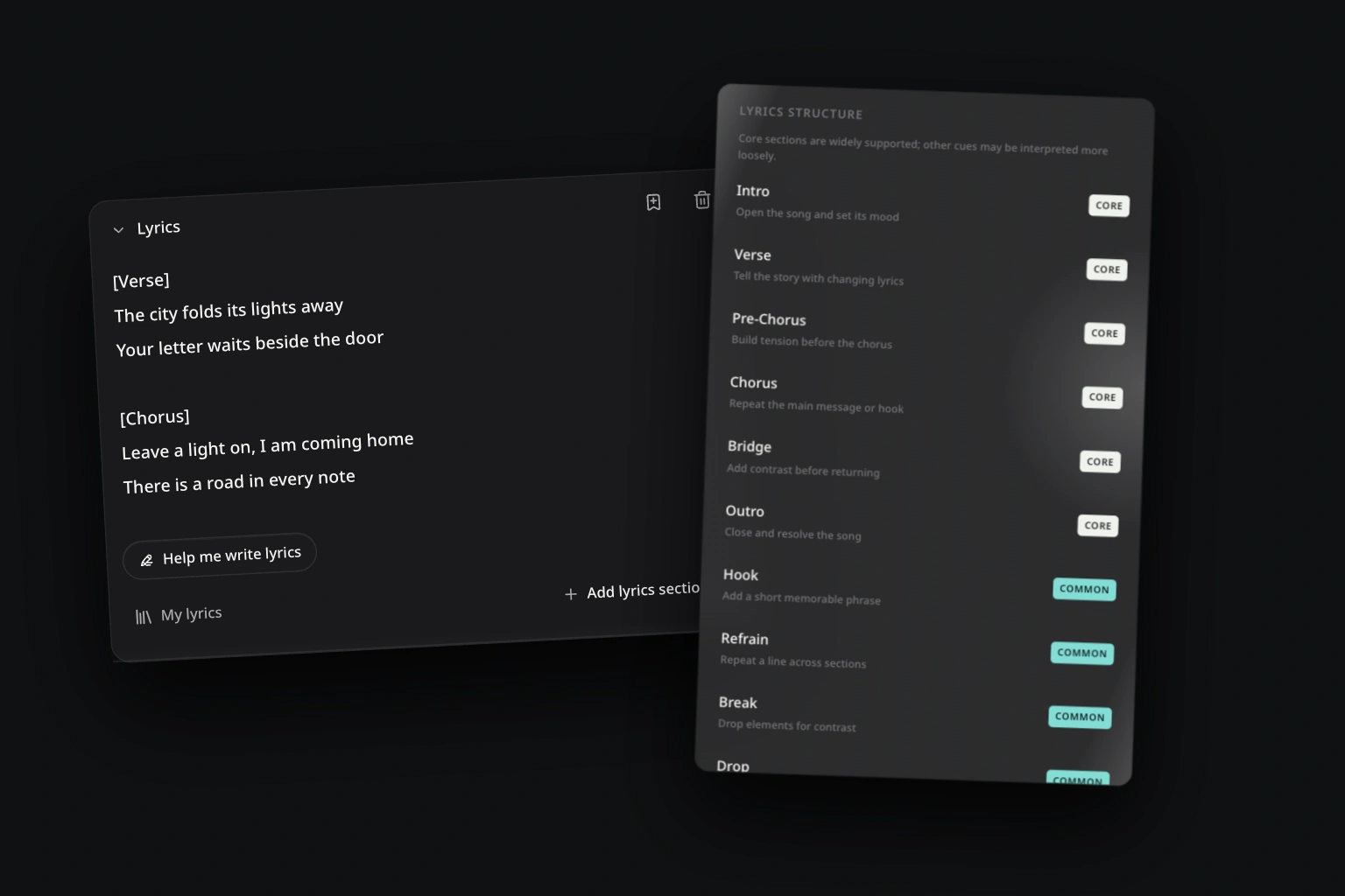 The actual Lyrics field and Add lyrics section menu with original example lyrics