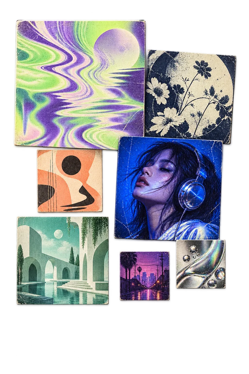 Asymmetric collage of original music cover artwork