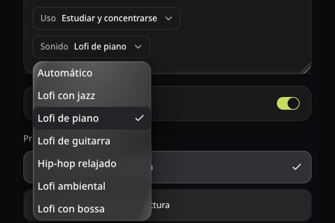 Opciones reales de Uso y Sonido con Instrumental activado