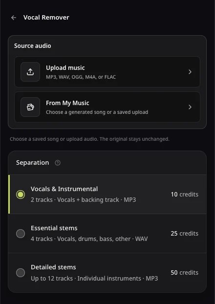 AISongsMaker separation source options before choosing a song or upload