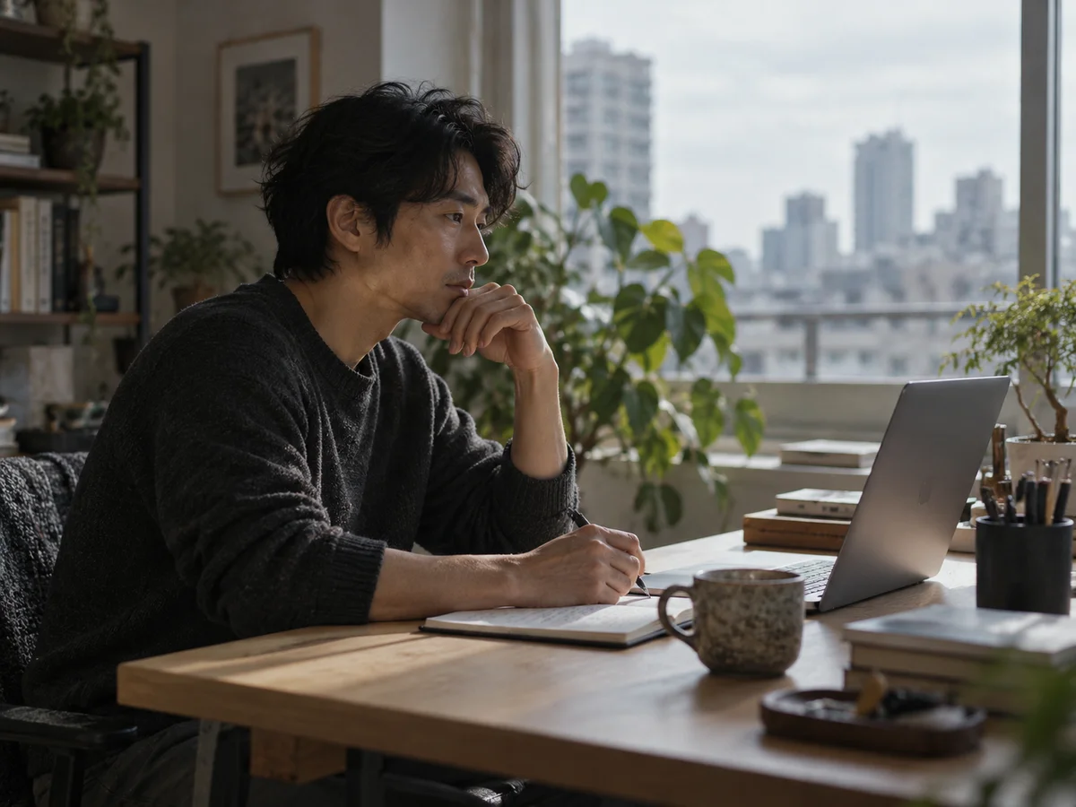 A person working quietly at a naturally lit desk with a notebook and laptop