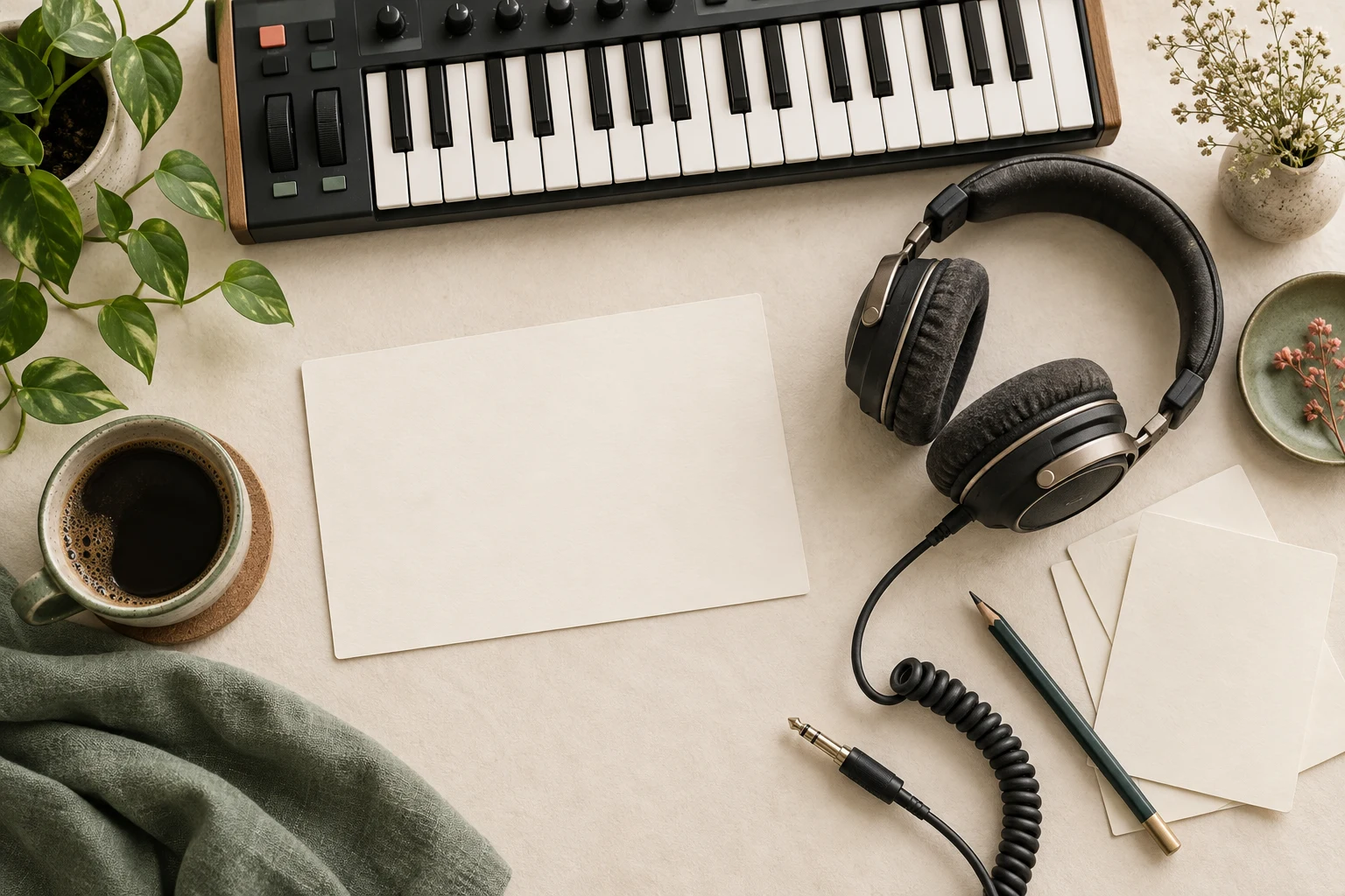 Text to Song: writing materials and music equipment