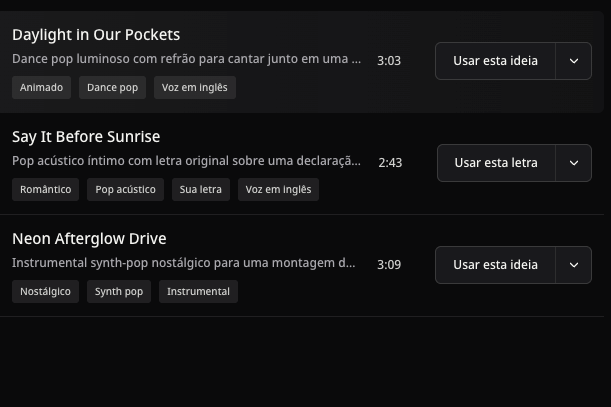 Exemplos públicos de pop com títulos, durações reais e ações de reutilização, sem as capas