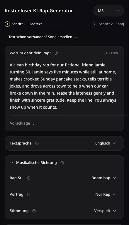 AISongsMaker-Rap-Schreibformular mit dem erfundenen Jamie-Geburtstagsthema, englischen Lyrics und verspielter Richtung