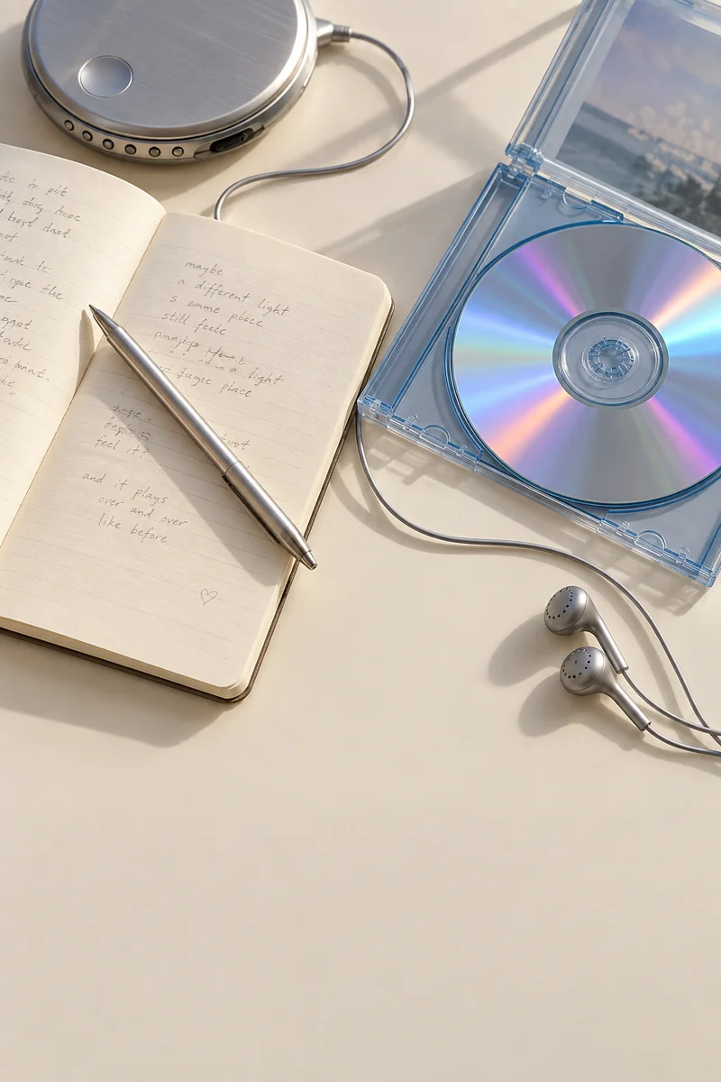 Lyric notebook beside an iridescent CD and a silver music player