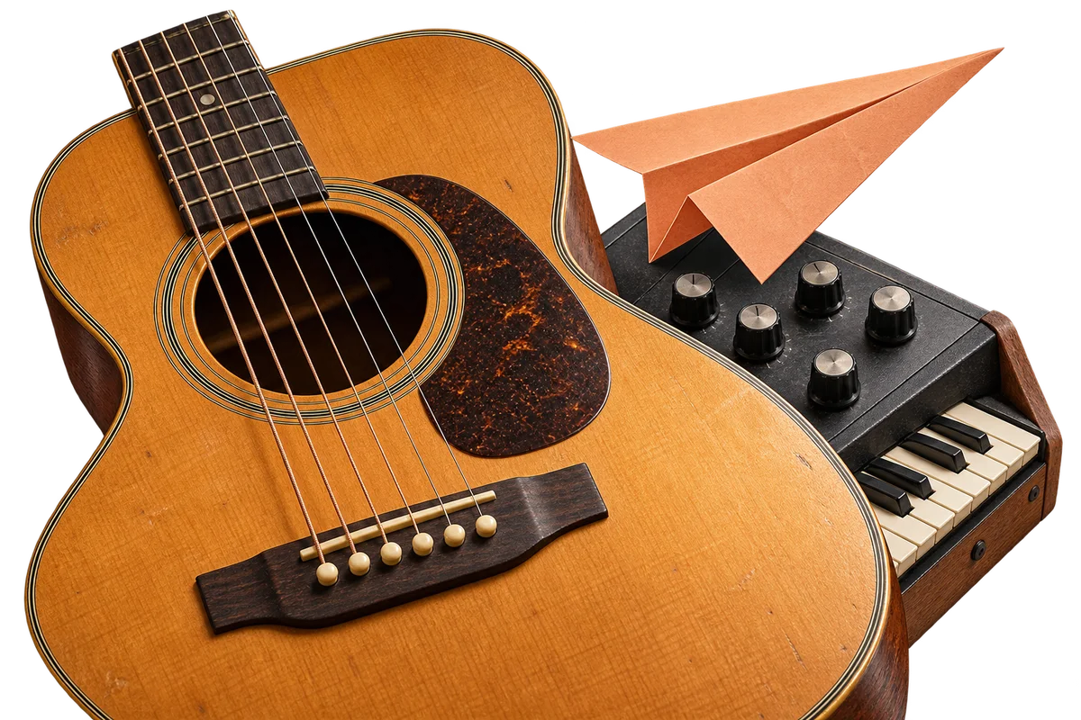 An original tactile collage of acoustic guitar detail and synthesizer controls with distinct scale and depth