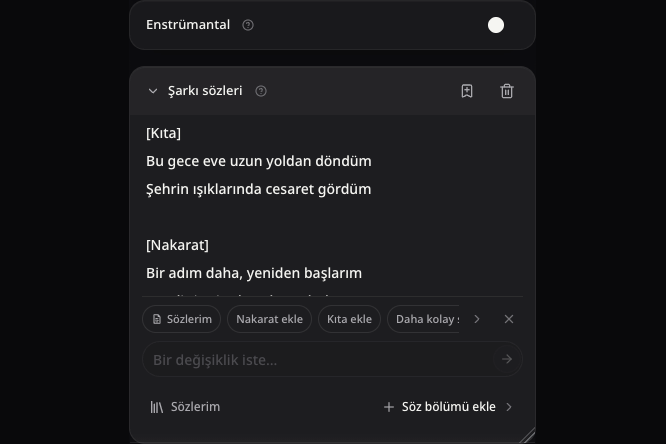 Ayrı Enstrümantal anahtarının altında açılmış gerçek Şarkı sözleri alanı