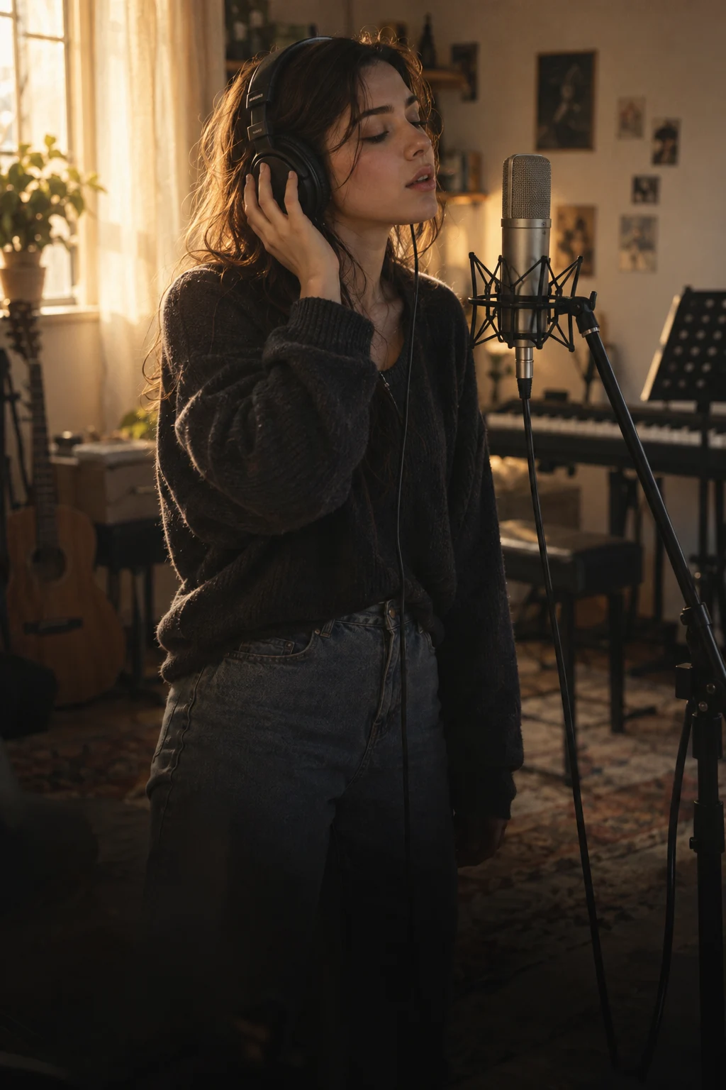 Singer rehearsing with headphones in natural light