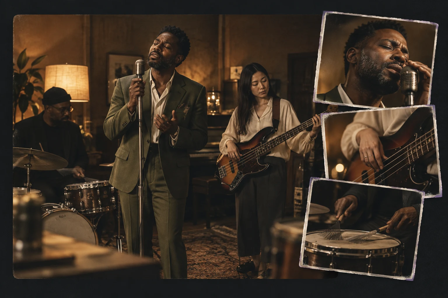 A soul ensemble and close-up photographs of its individual performances