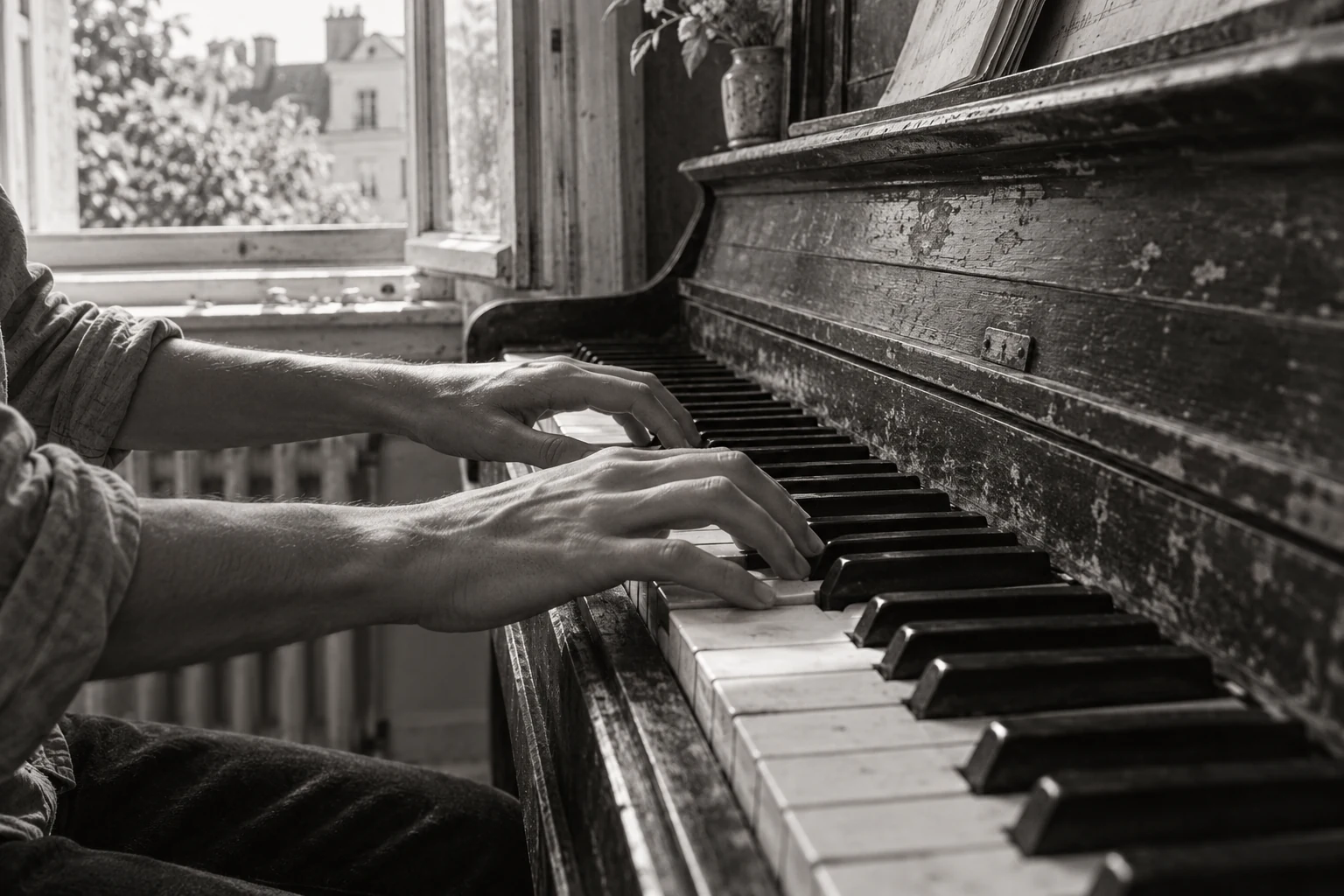 Manos tocando un piano recto a la luz del día