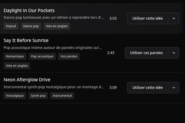 Exemples pop publics avec titres, durées réelles et actions de réutilisation, sans leurs pochettes