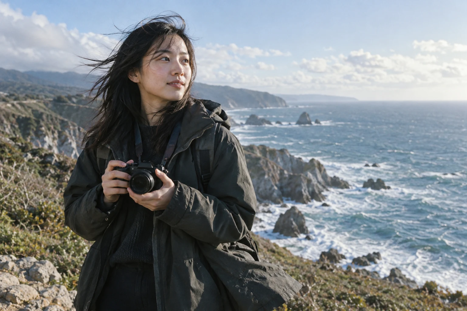 Filmmaker con una cámara de mano en un paseo costero