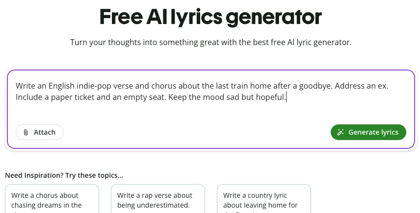 QuillBot lyric generator with an original prompt, Attach and Generate lyrics controls