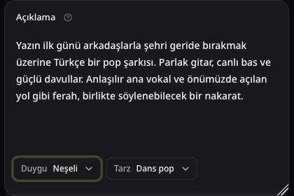 Yaz yolculuğu fikri ile Duygu ve Tarz seçeneklerini gösteren gerçek Pop açıklama alanı