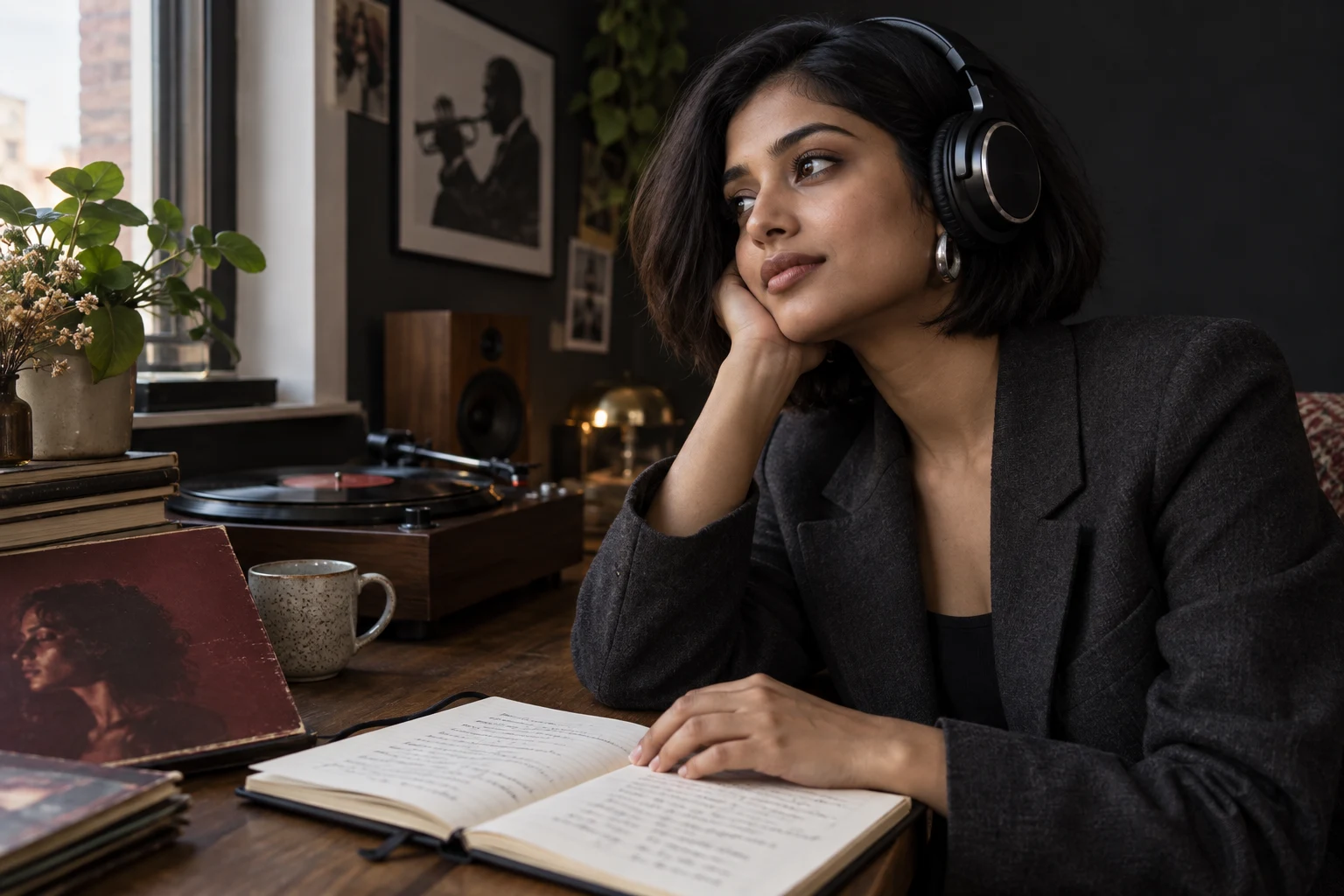 A listener comparing a performance with her open lyric notebook