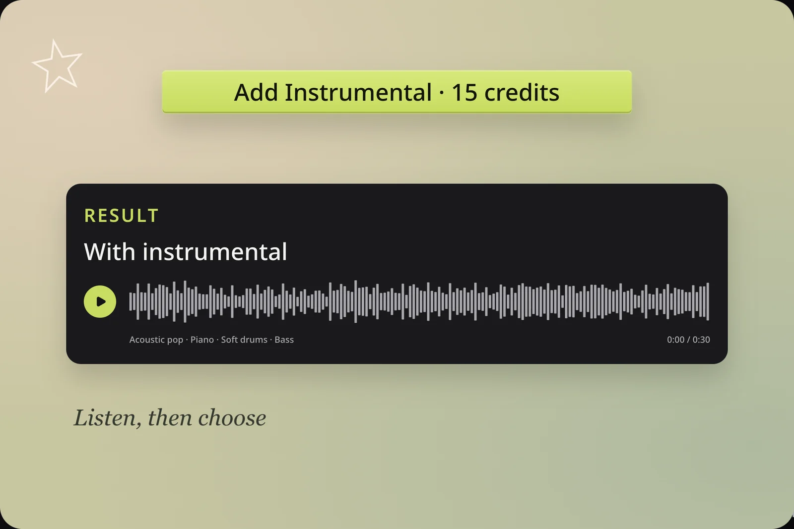 Real With instrumental result preview and 15-credit generation button