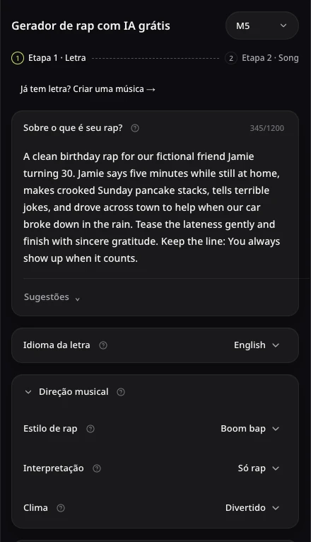 Formulário de escrita de rap do AISongsMaker com o aniversário fictício de Jamie, letra em inglês e direção divertida