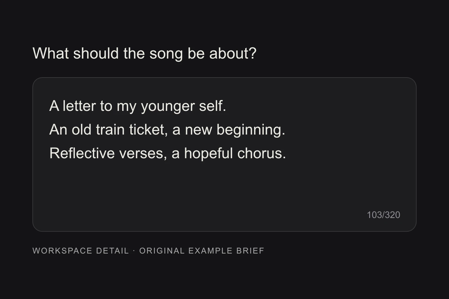 Current lyric brief field with an original example about a letter to a younger self