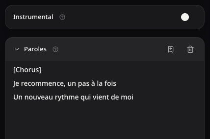 Vrai champ Paroles déplié sous l’interrupteur Instrumental indépendant