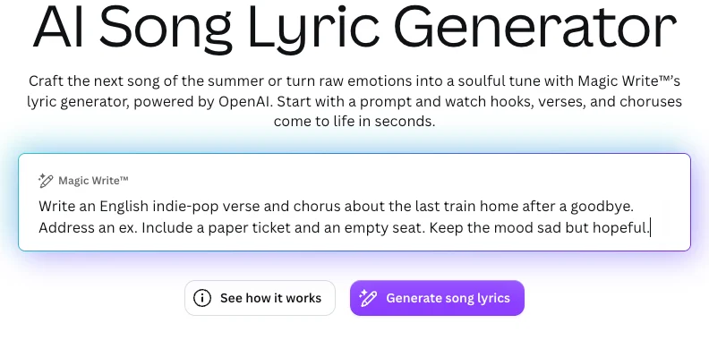 Canva Magic Write lyric prompt with an unsubmitted original train-home example