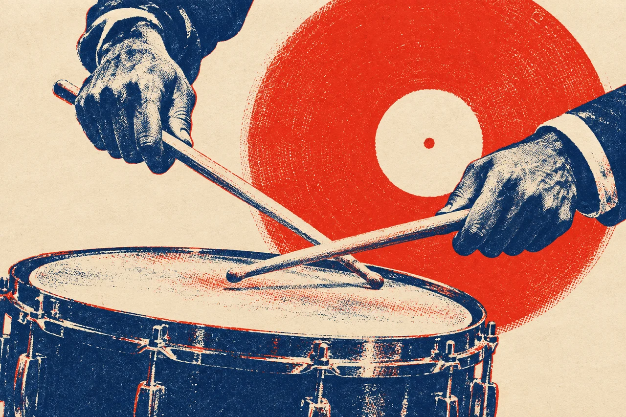 Screenprinted hands playing a snare drum