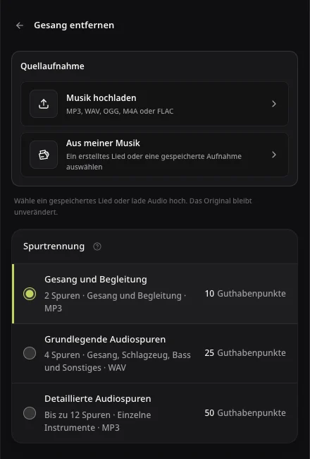 AISongsMaker-Quellenoptionen für die Trennung vor Auswahl von Song oder Upload
