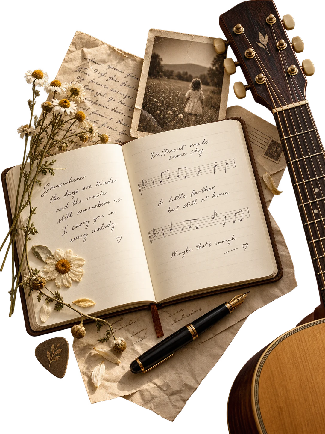 A vertical collage of a personal letter, lyric notebook and musical keepsakes