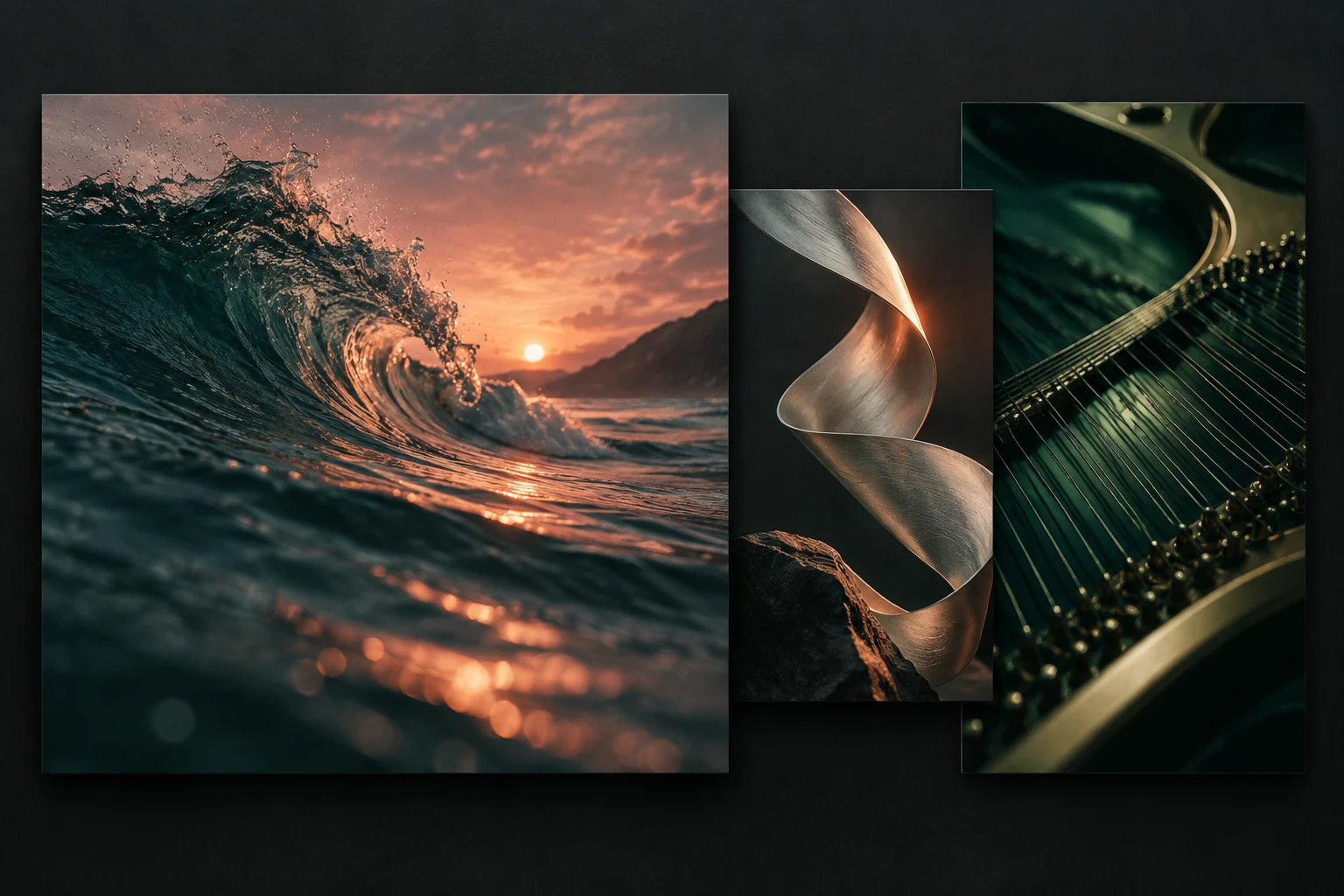 Ocean, sculpted metal and piano strings share a flowing visual movement