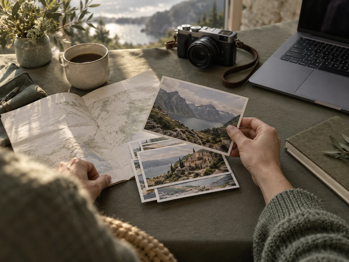 A video creator arranging travel-story notes and footage at a calm home editing desk