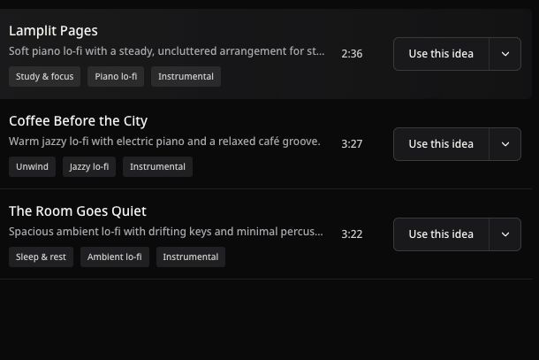 Public Lo-fi example titles, real durations, and reuse actions, cropped without their cover artwork