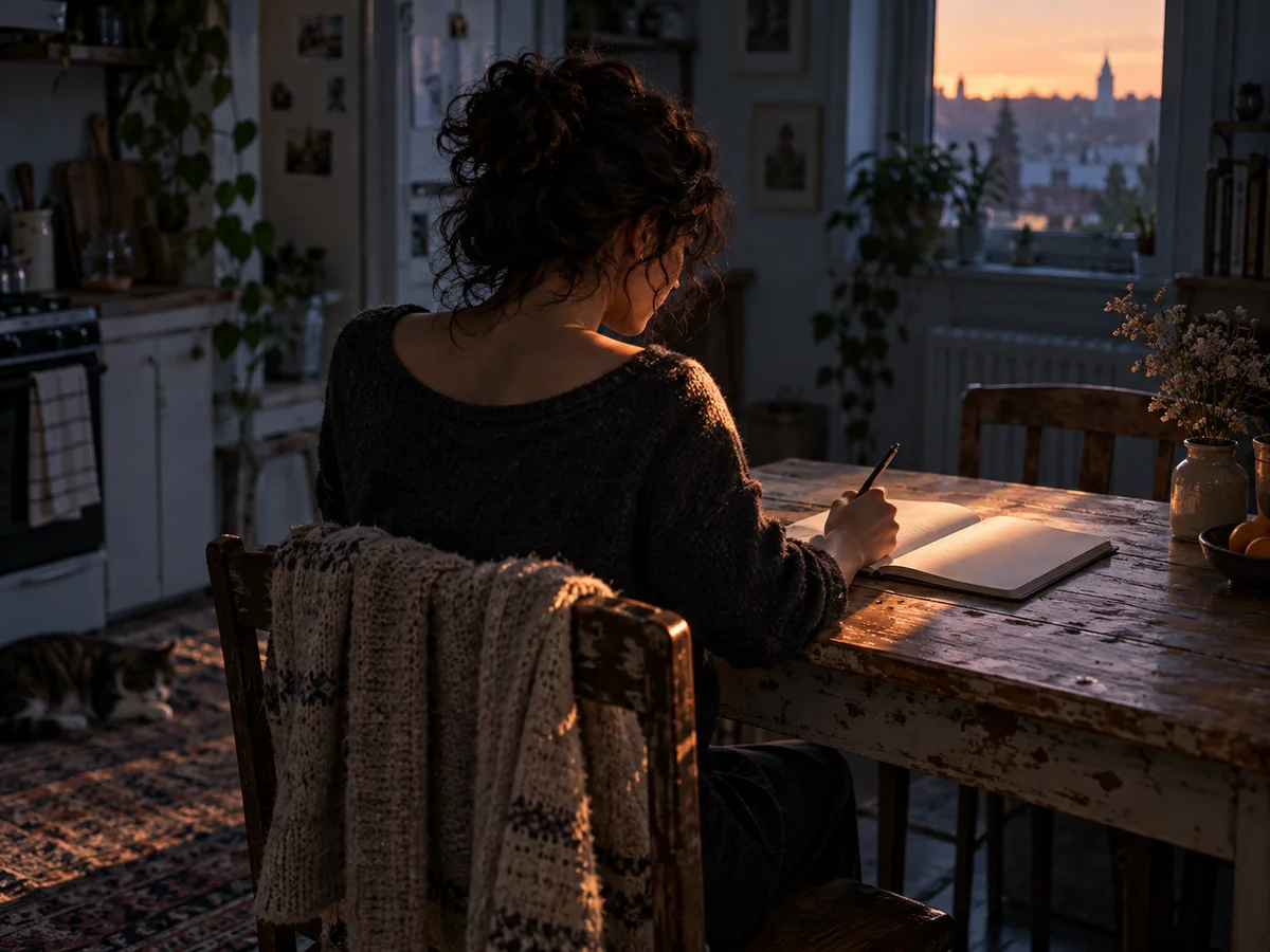 A songwriter quietly writing at a kitchen table in the first light of morning
