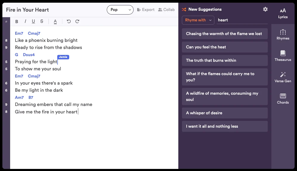 LyricStudio official demonstration with editor, suggestions, rhymes, thesaurus and Verse Gen