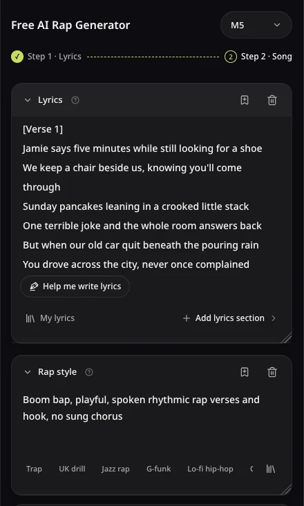 AISongsMaker Rap song form with the original Jamie lyrics and Boom bap, playful, pure rap direction
